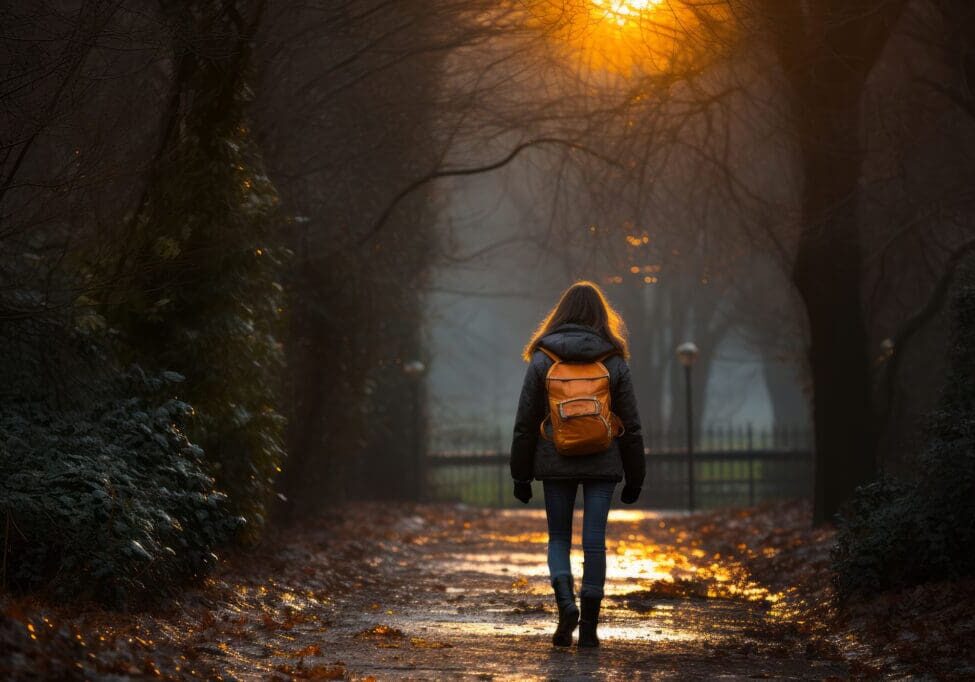 Young woman gracefully strolling through the enchanting rainy streets of the city at night,