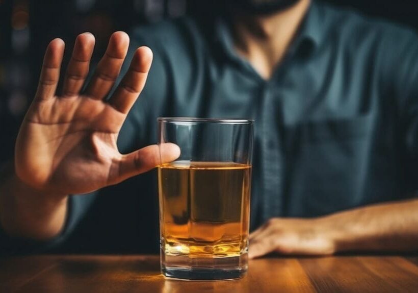 man smile and refuses say no and avoid to drink an alcohol whiskey , stopping hand sign male, alcoholism treatment, alcohol addiction, quit booze, Stop Drinking Alcohol. Refuse Glass liquor