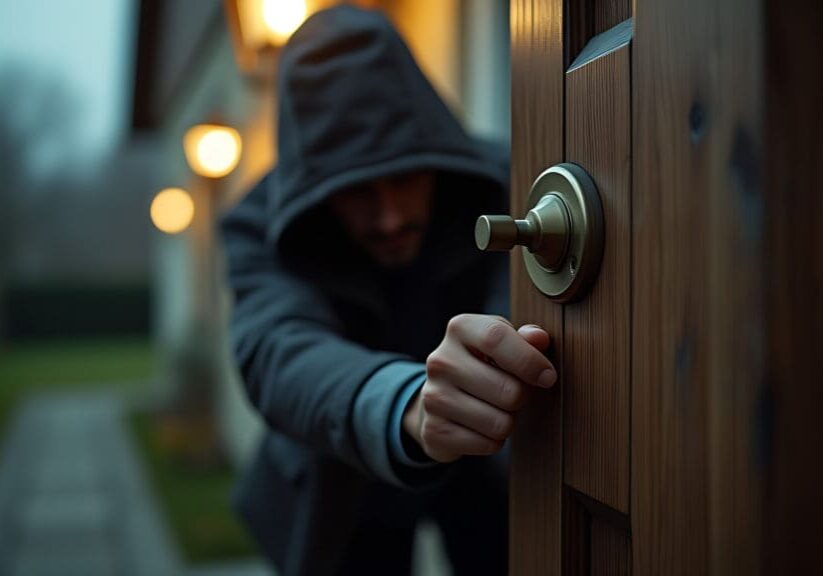 Burglary or thief breaking into a home opens the lock on the doo