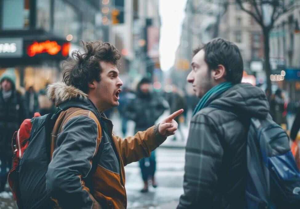 Two friends having a heated argument on a bustling city street. one points accusingly while the other looks away in frustration. passersby are indifferent to the altercation. the scene depicts intense emotional conflict in an urban winter environment.